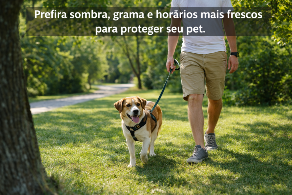 cão passeando na sombra e na grama em dia quente, proteção das patas