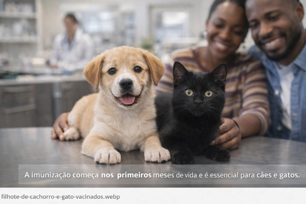 Filhote de cachorro e filhote de gato em consulta preventiva veterinária para receber vacinas