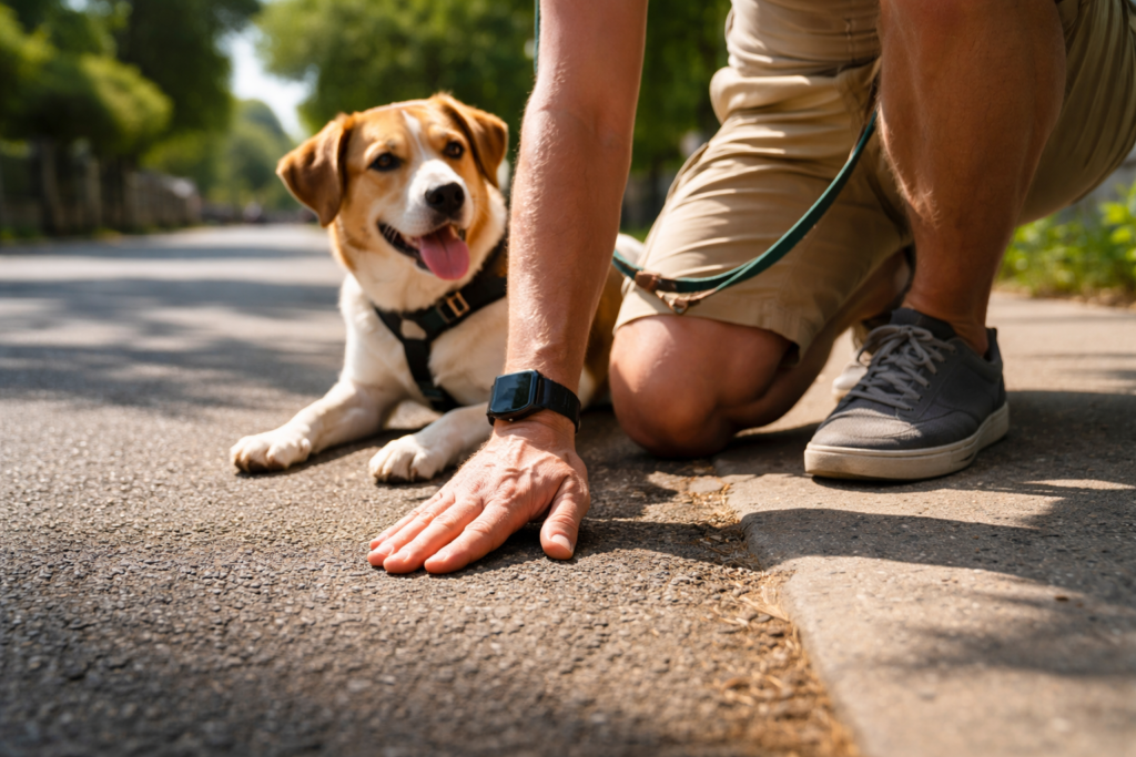 tutor testando a temperatura do asfalto com o dorso da mão antes do passeio