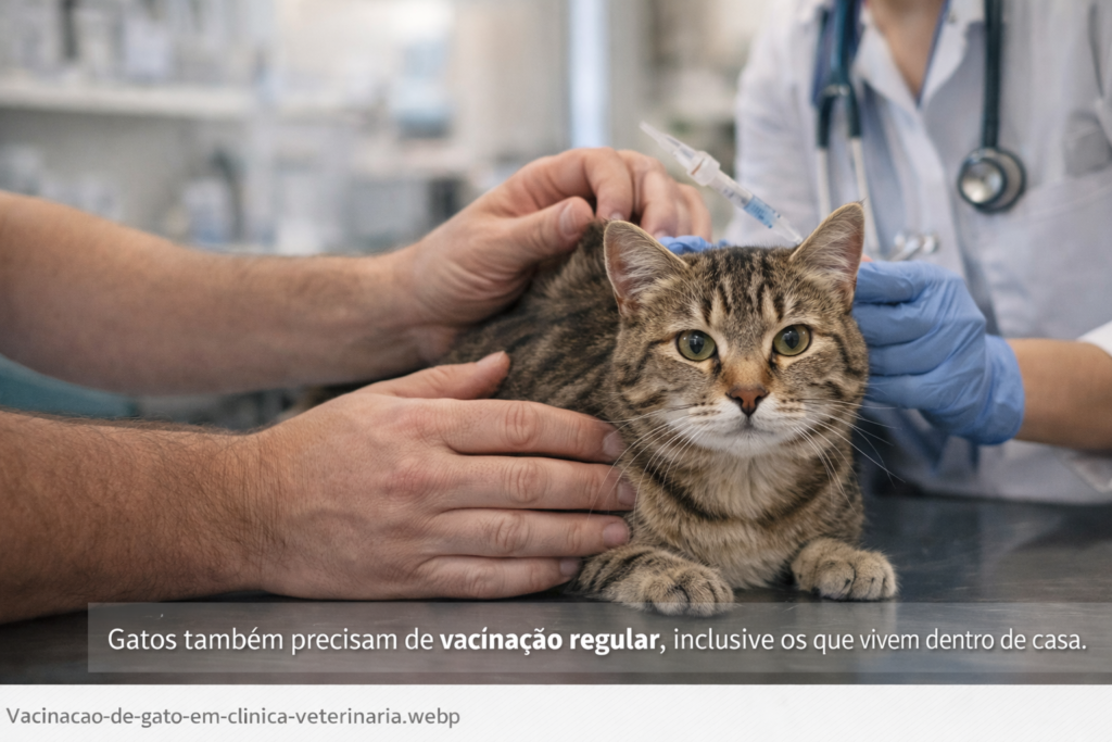 Gato recebendo vacina em consulta veterinária com tutor presente