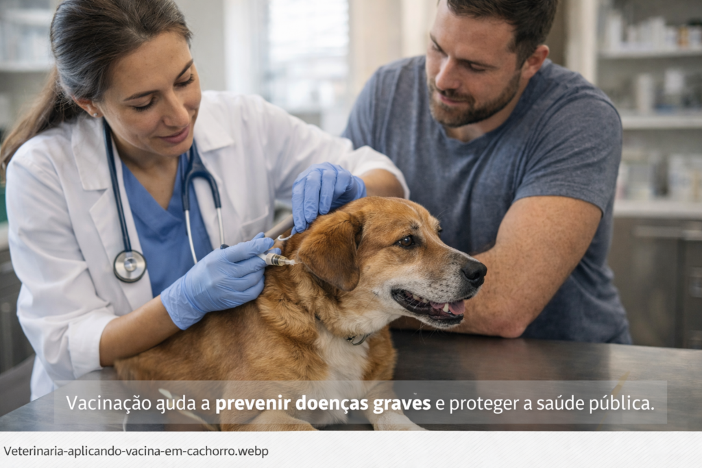 Veterinária aplicando vacina em cachorro durante consulta em clínica veterinária
