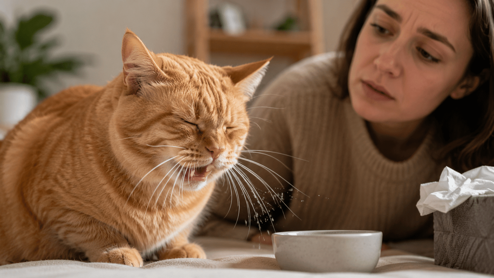 gato espirrando muito observado pela tutora em ambiente doméstico