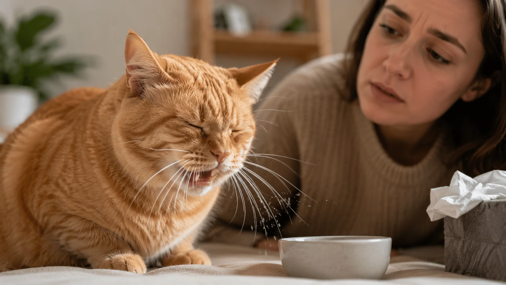 gato espirrando muito observado pela tutora em ambiente doméstico
